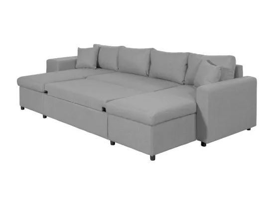Canapé d'angle panoramique Oslo convertible avec coffres et poufs à gauche - Tissu - Gris clair - L311 x P146 x H81cm - Loungitude