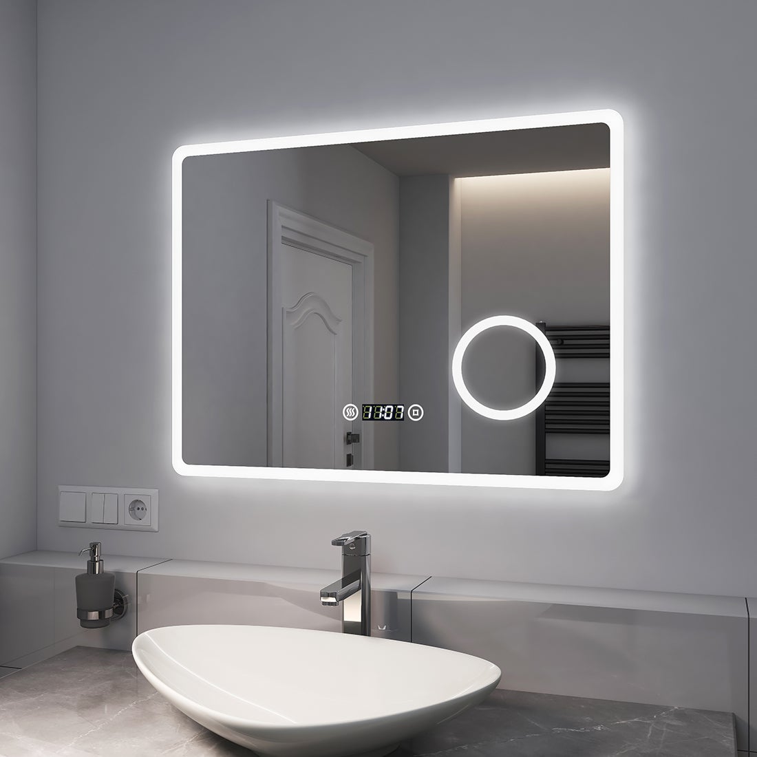 EMKE Badkamerspiegel met verlichting, LED-spiegel met aanraakschakelaar, anti-condens, klok, 3x vergroting, 90 x 70 cm, koel wit