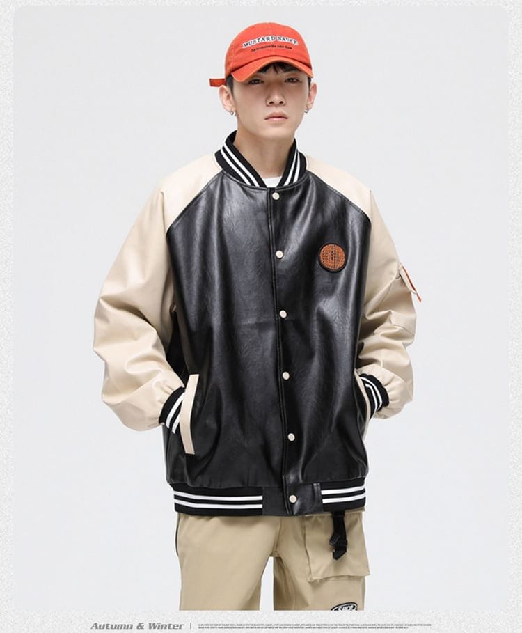 Stone Leo - Baseballjack met applicatie en knopen van imitatieleer