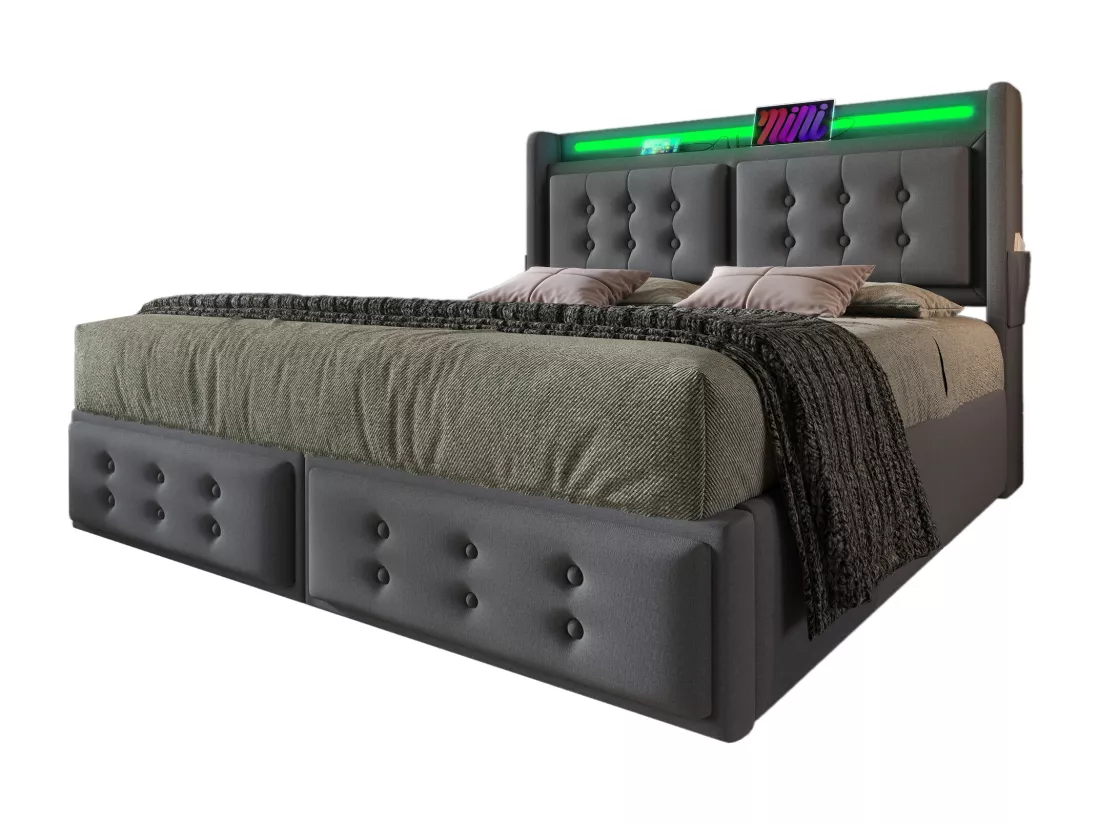 Lit adulte 180x200cm en tissu lin - avec LED et Ports de recharge - 4 tiroirs - Gris