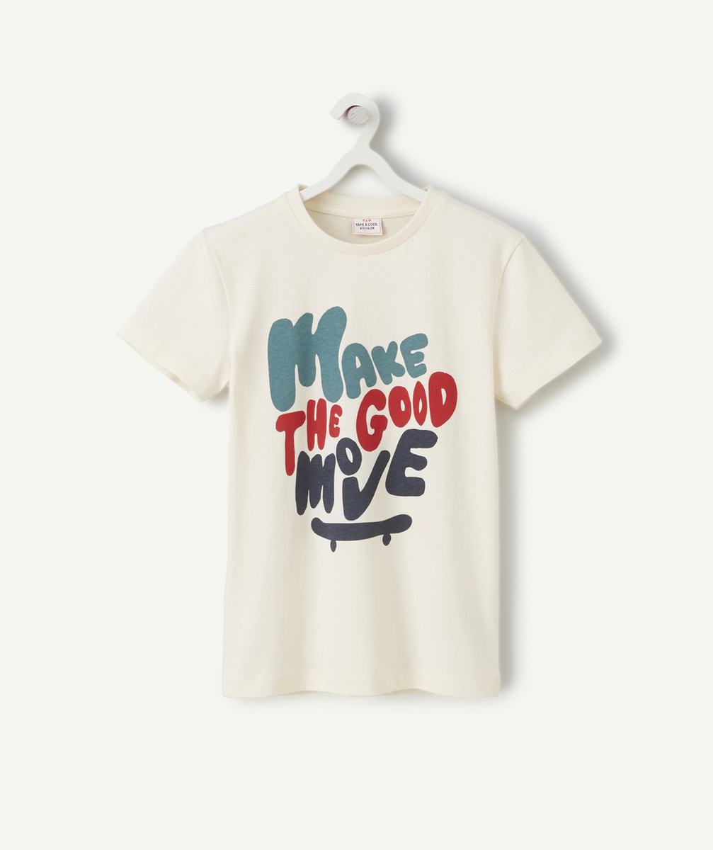 T-SHIRT GARÇON EN COTON BIO ÉCRU AVEC MESSAGE ET SKATE
