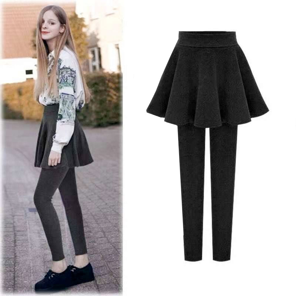 (Gr. M) 2in1 Warme Damen Winter Leggings / Rock Plüsch gefüttert - Grau / Style 2