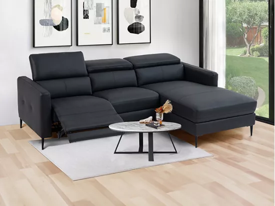 Canapé d'angle droit relax électrique en cuir noir FUSETA