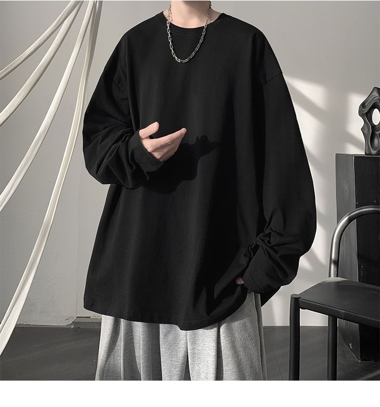 FOEV - T-shirt met lange mouwen, ronde hals en effen oversized print