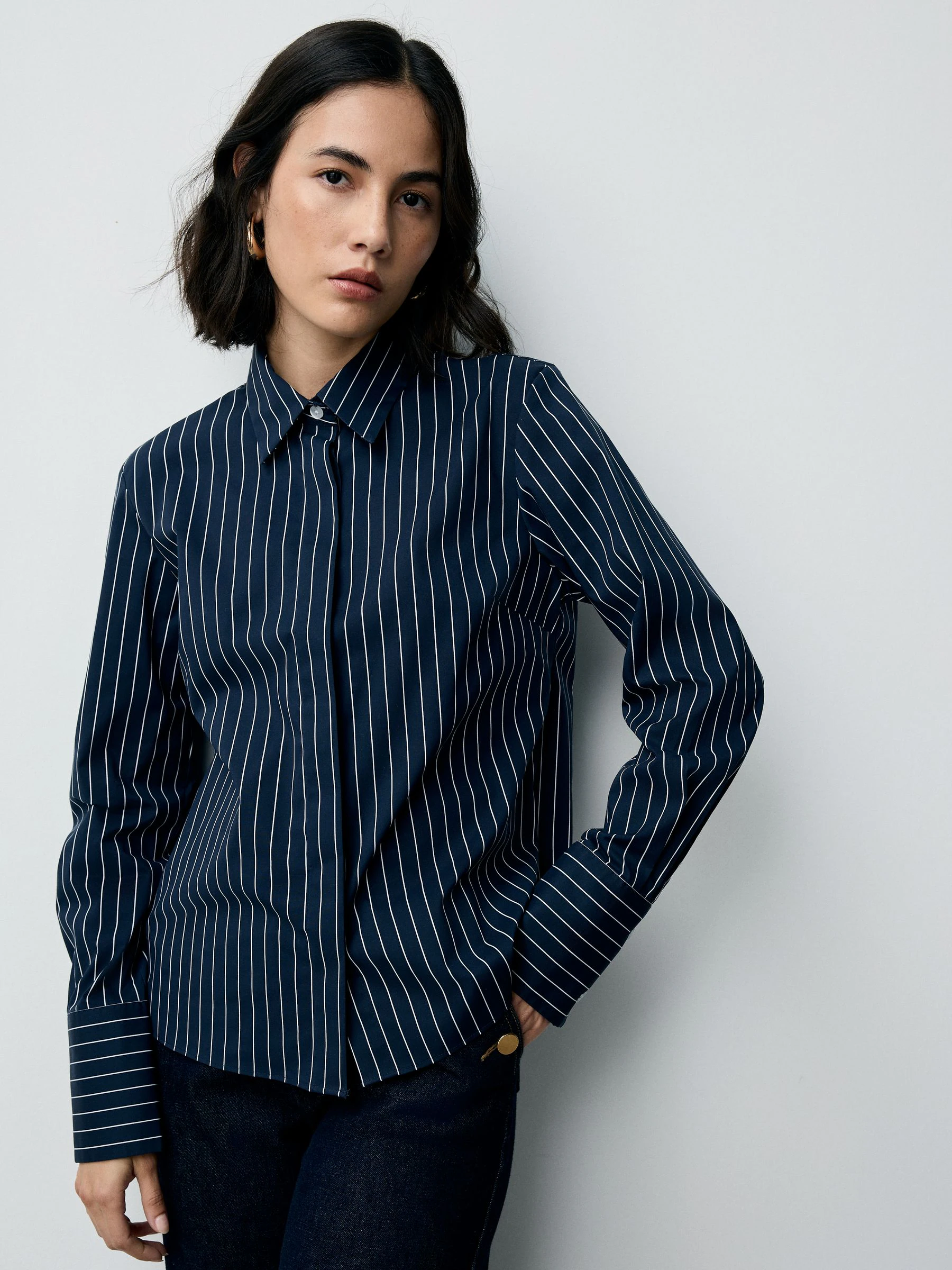 Marineblauw gestreept - Fitted Stretch Essential Long Sleeve Shirt