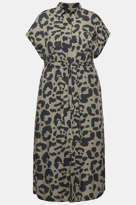 Maxikleid, oversized, Leo-Print, Hemdkragen, Halbarm