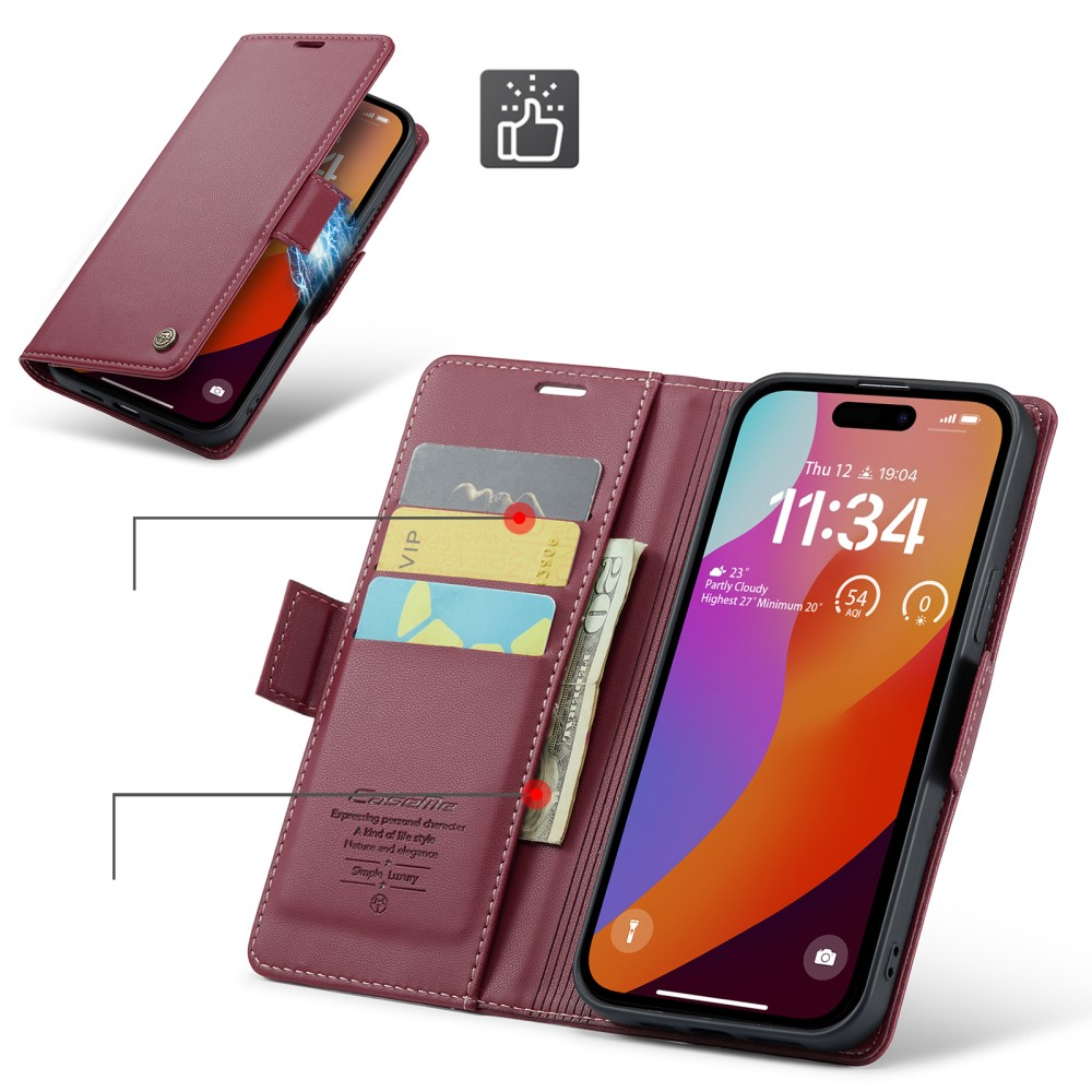 iPhone 16 Pro Leder Tasche Flip Wallet Etui mit Kartenfächern Litchi Look (RFID Schutz) - Dunkelrot