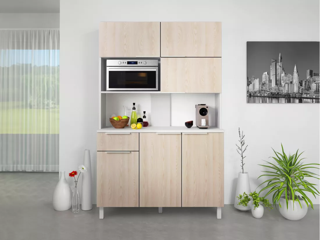 Buffet de cuisine avec 6 portes, 1 tiroir et 1 niche - Naturel clair et blanc - TRATTORIA