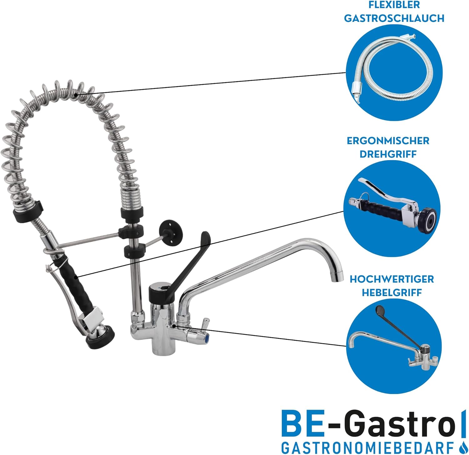 I Profi Gastro Geschirrbrause „Premium“ inkl. Wasserhahn, Mischbatterie & ergonomischem Langhebelgriff I Gastrobrause mit Zubehör (60cm)