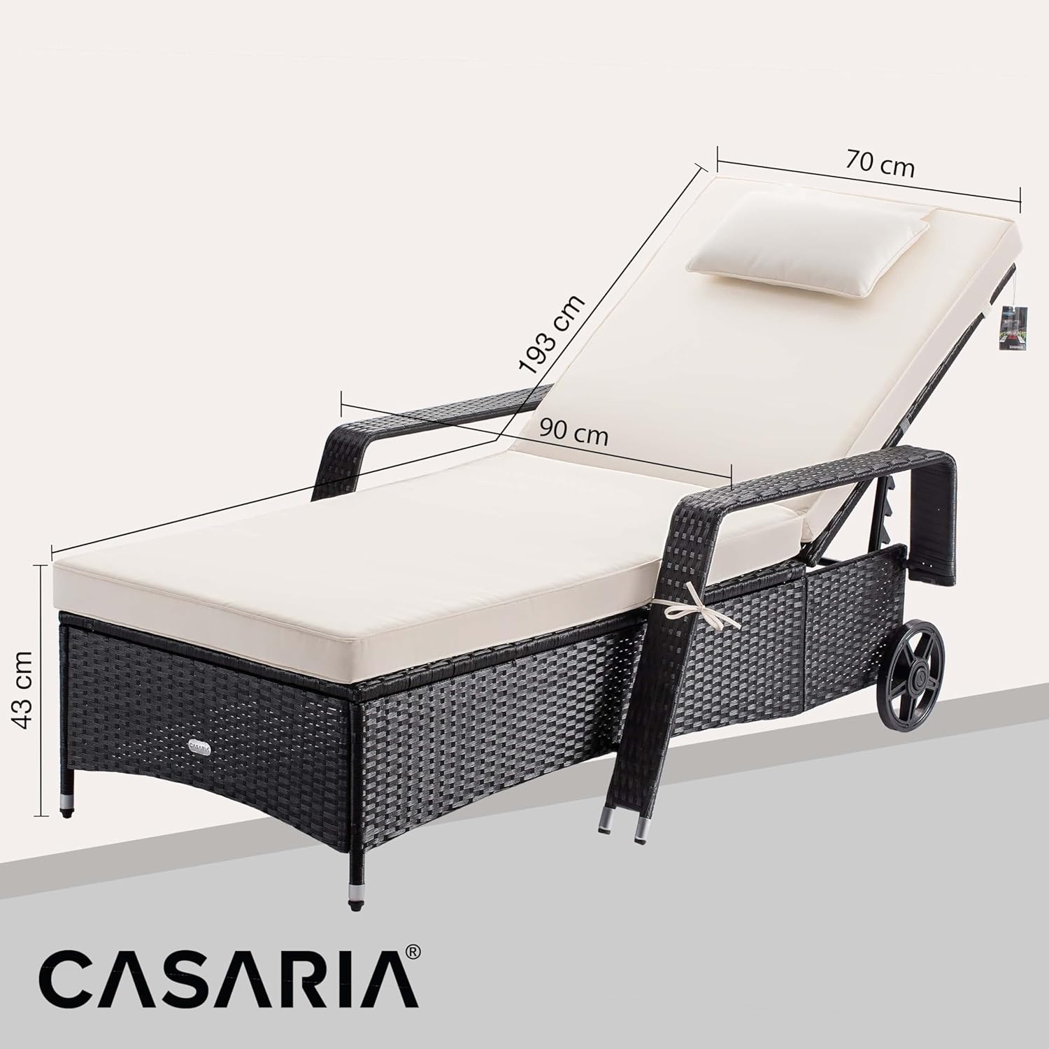 Casaria® Sonnenliege mit Rollen 7cm Auflage Extra Breit 90cm Gartenliege Wetterfest 165kg Belastbar Verstellbar Terrasse Balkonmöbel Liegestuhl Schwarz Creme