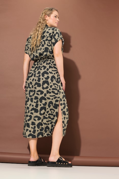Maxikleid, oversized, Leo-Print, Hemdkragen, Halbarm