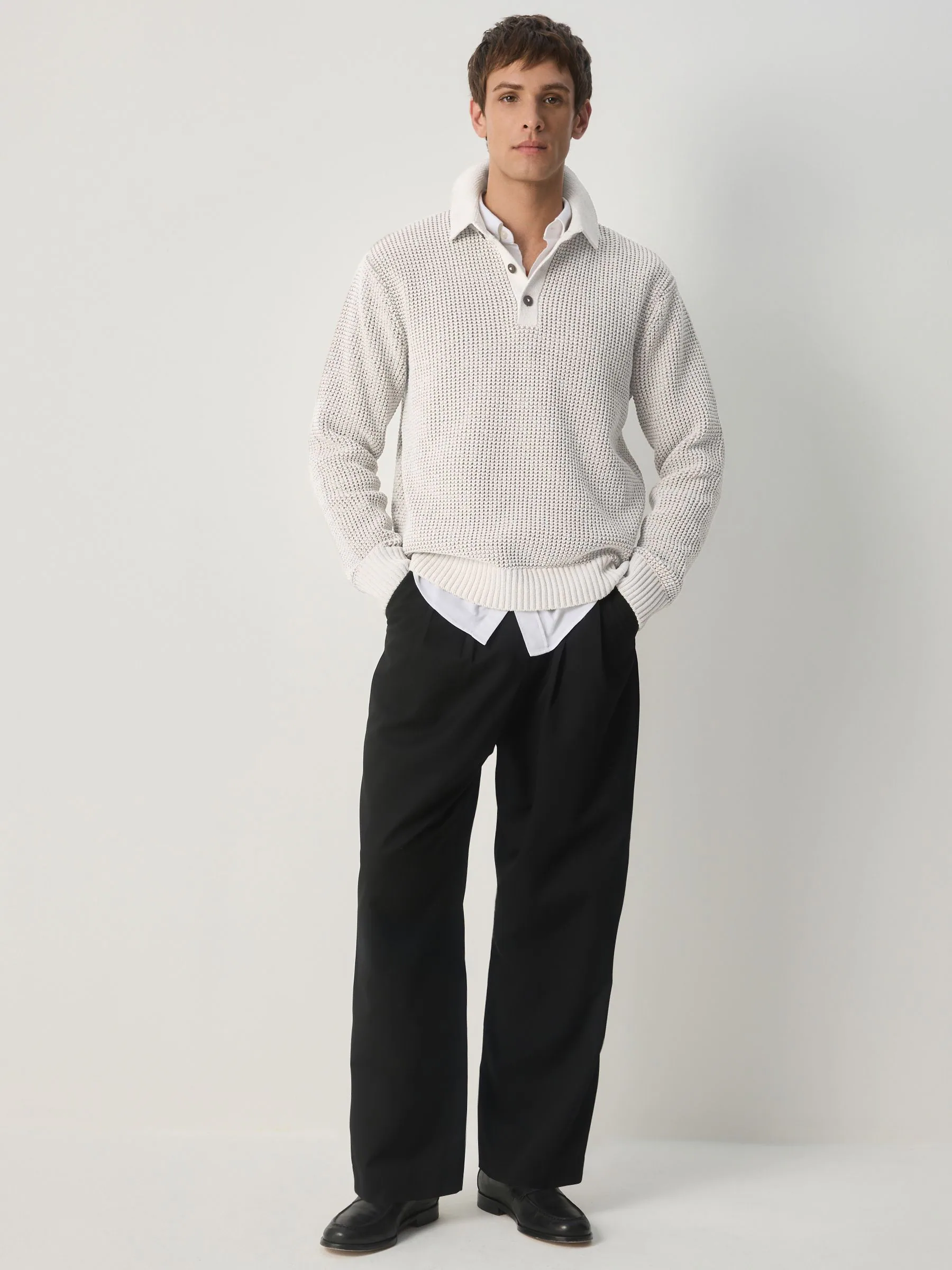 Ecru wit - Relaxed Fit Waffle Textured Chenille Long Sleeve Knit Polo Shirt