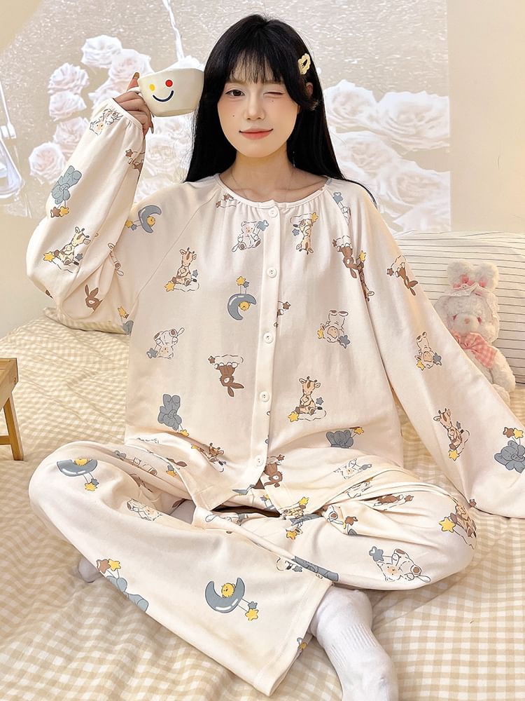 Sweetzer - Pyjamaset: Lange mouwen cartoonprint top met knoopjes + broek