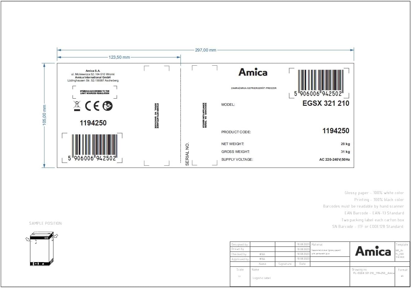 Amica EGSX 321 210 Gefrierschrank, 712 mm Nische, Festtür-Technik, Energieeffizienzklasse D