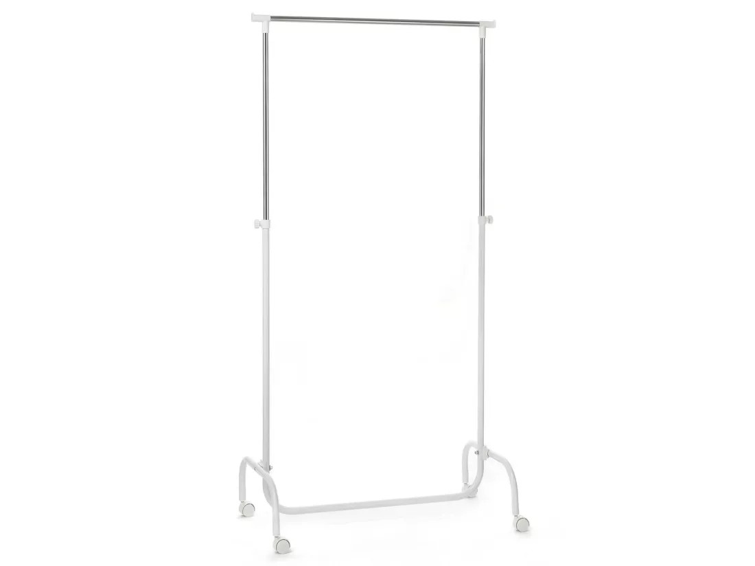 Portant à vêtements TIGER penderie simple sur roulettes vestiaire mobile avec 1 barre de hauteur réglable, en métal chromé et blanc