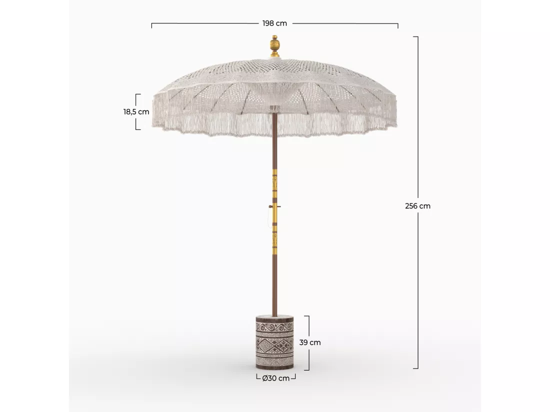 Ensemble parasol en macramé et pied de parasol en bois de suar - Fakélé
