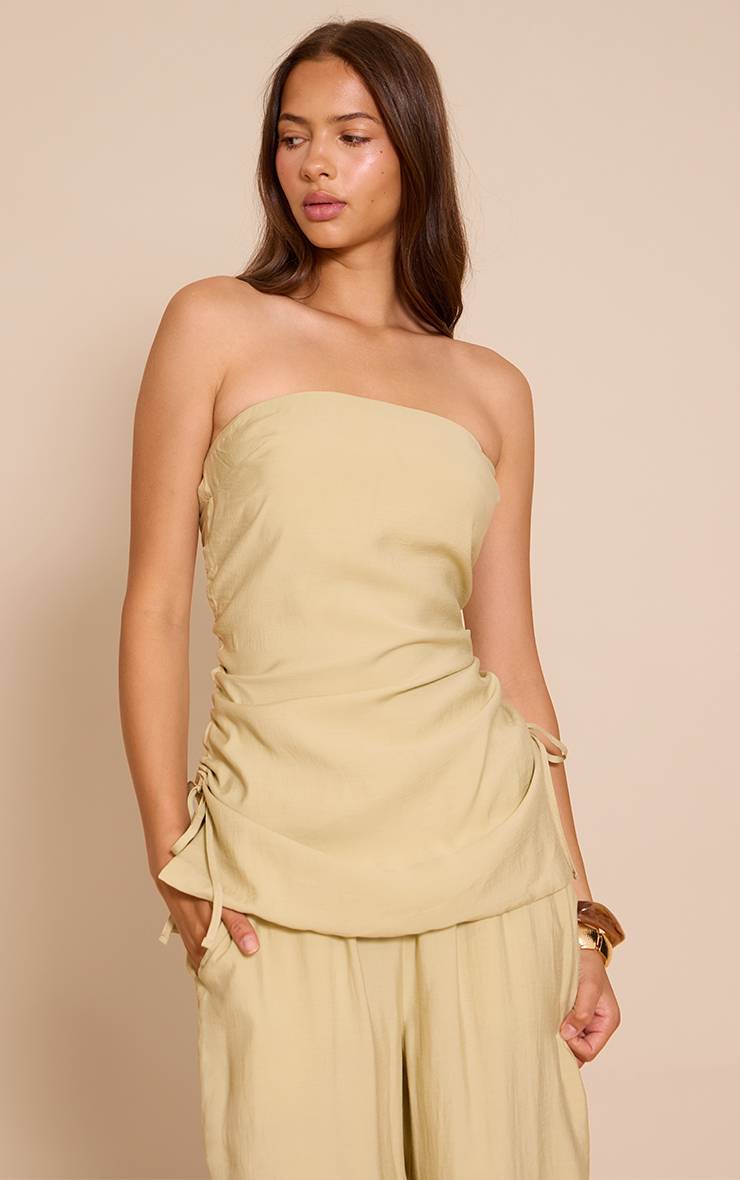 Sage Khaki Haut Bandeau Froncé En Tissu Tissé