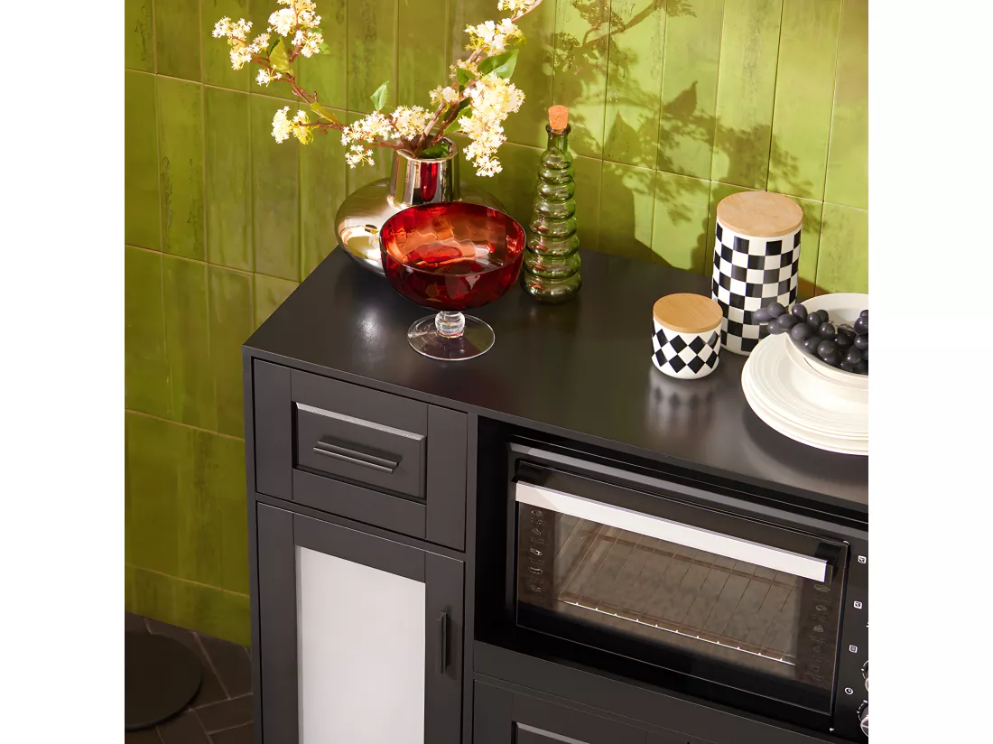 SoBuy FSB78-SCH Meuble Micro-Ondes Buffet Commode sur roulettes Armoire avec 3 Portes, 1 Tiroir, 1 Compartiment, pour Cuisine, Salle à Manger, Salon