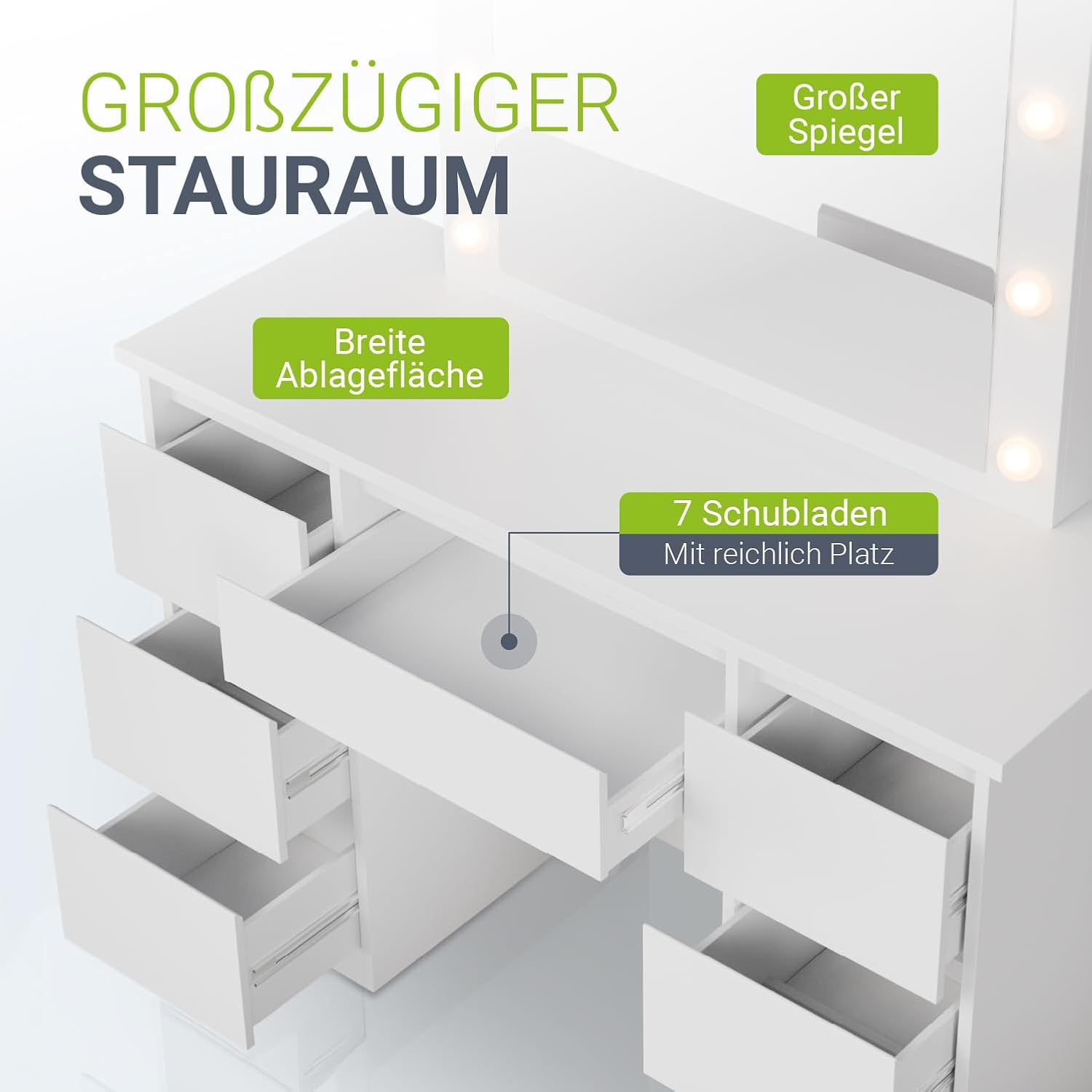 Juskys Schminktisch Talea mit LED-Spiegel und Hocker Melly, 7 Schubladen, individuelle Lichteinstellung, viel Stauraum, modernes Design, kompakt & pflegeleicht — Weiß