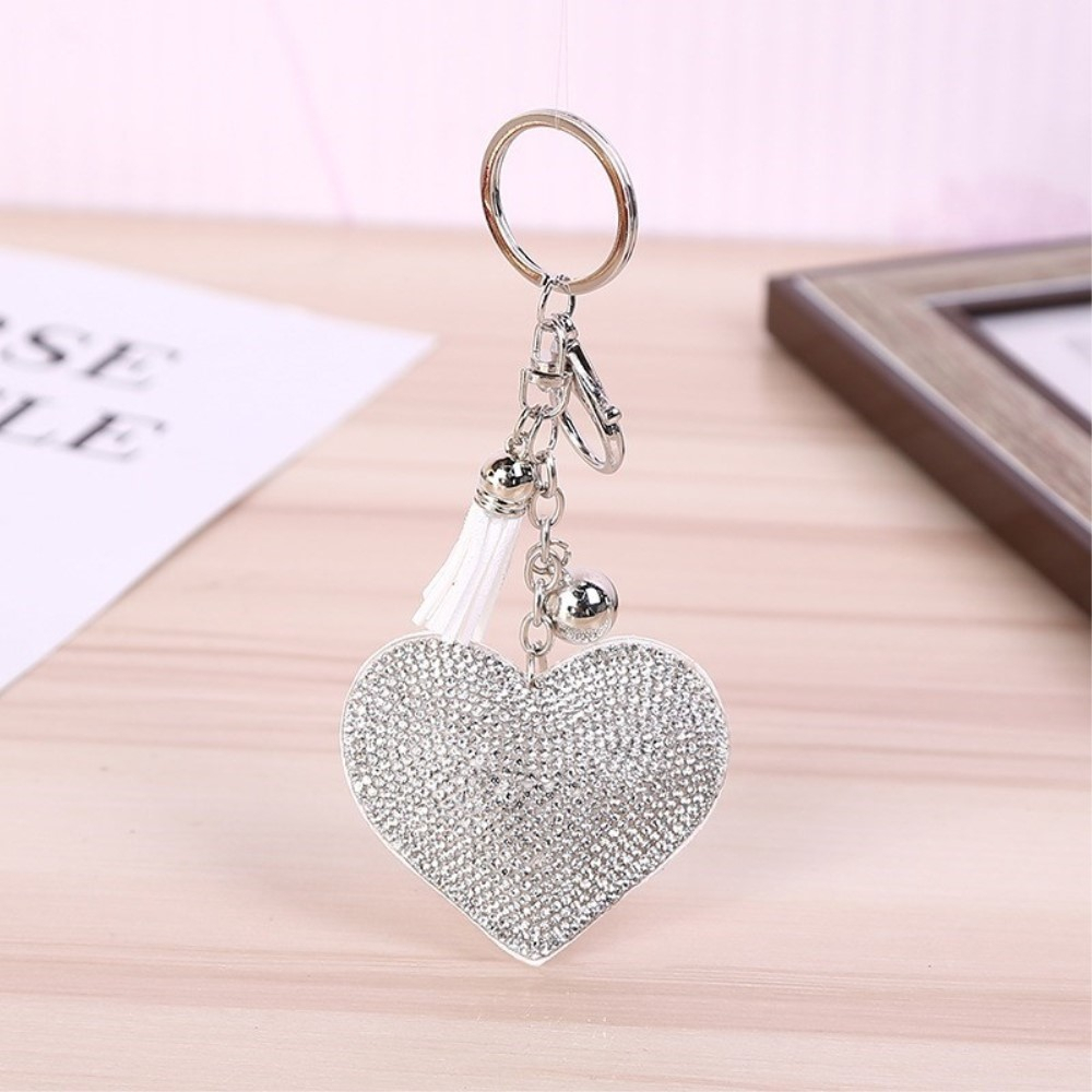 Strass Herz Schlüsselanhänger Handtaschen Accessoire mit Spaltring - Weiss / Silber