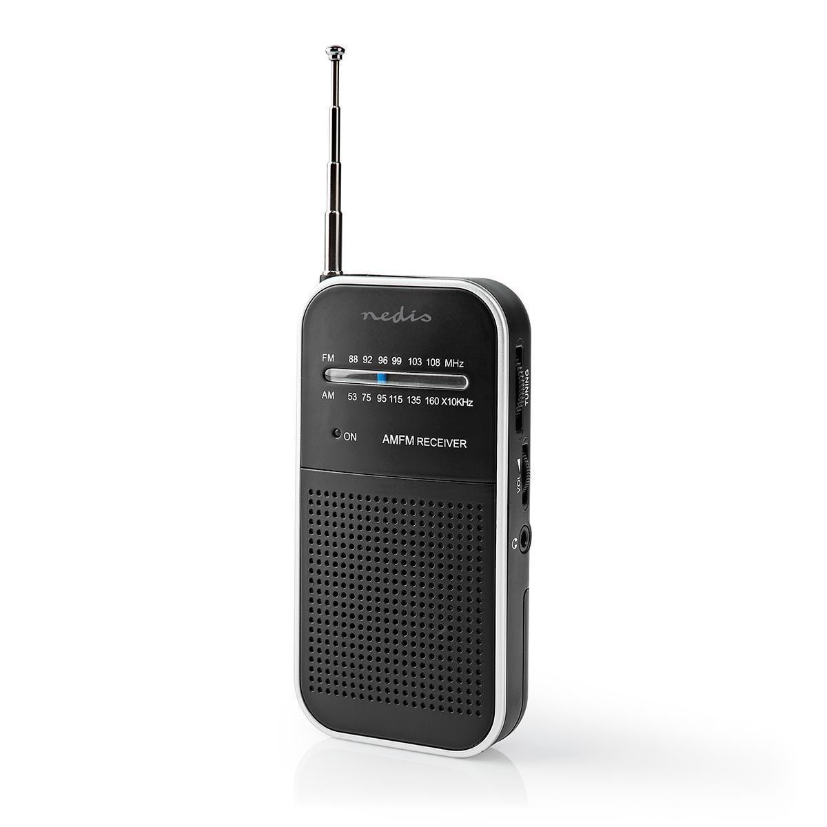 Nedis FM-radio | Bærbar design | AM / FM | Batteri drevet | Analog | 1.5 W | Svart hvit skerm | Hodetelefonutgang | IP20 | Aluminium / Sort