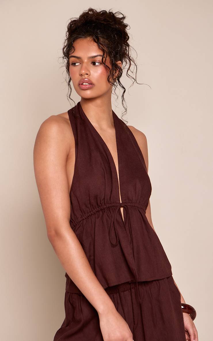 Marron Foncé Haut Long Chiné À Taille Nouée Avec Cordon Co-ord