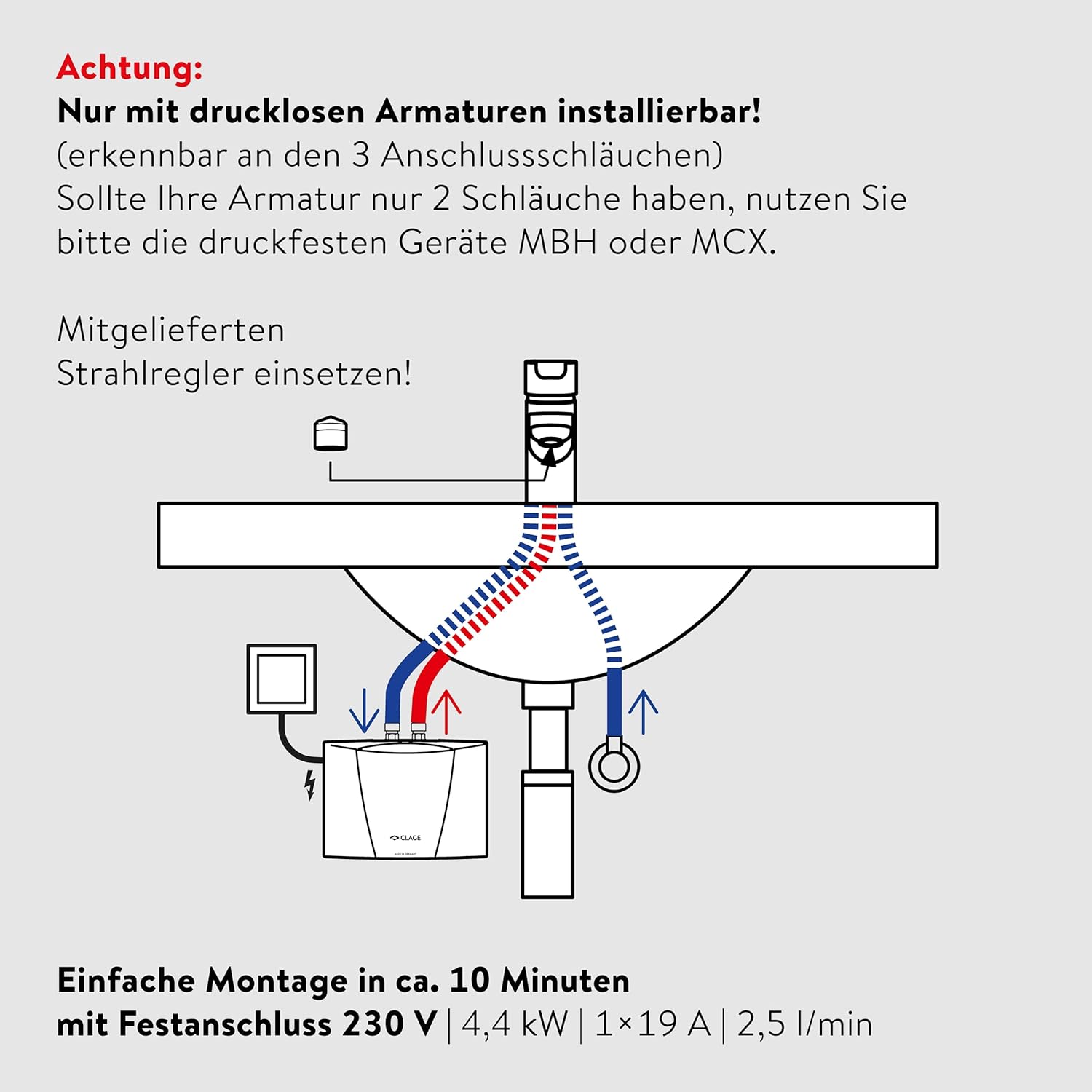 CLAGE M4 hydraulischer Klein-Durchlauferhitzer nur fürs Handwaschbecken, 4,4 KW, ohne Stecker, 230V Festanschluss, nur für drucklose Armaturen [Energieklasse A]