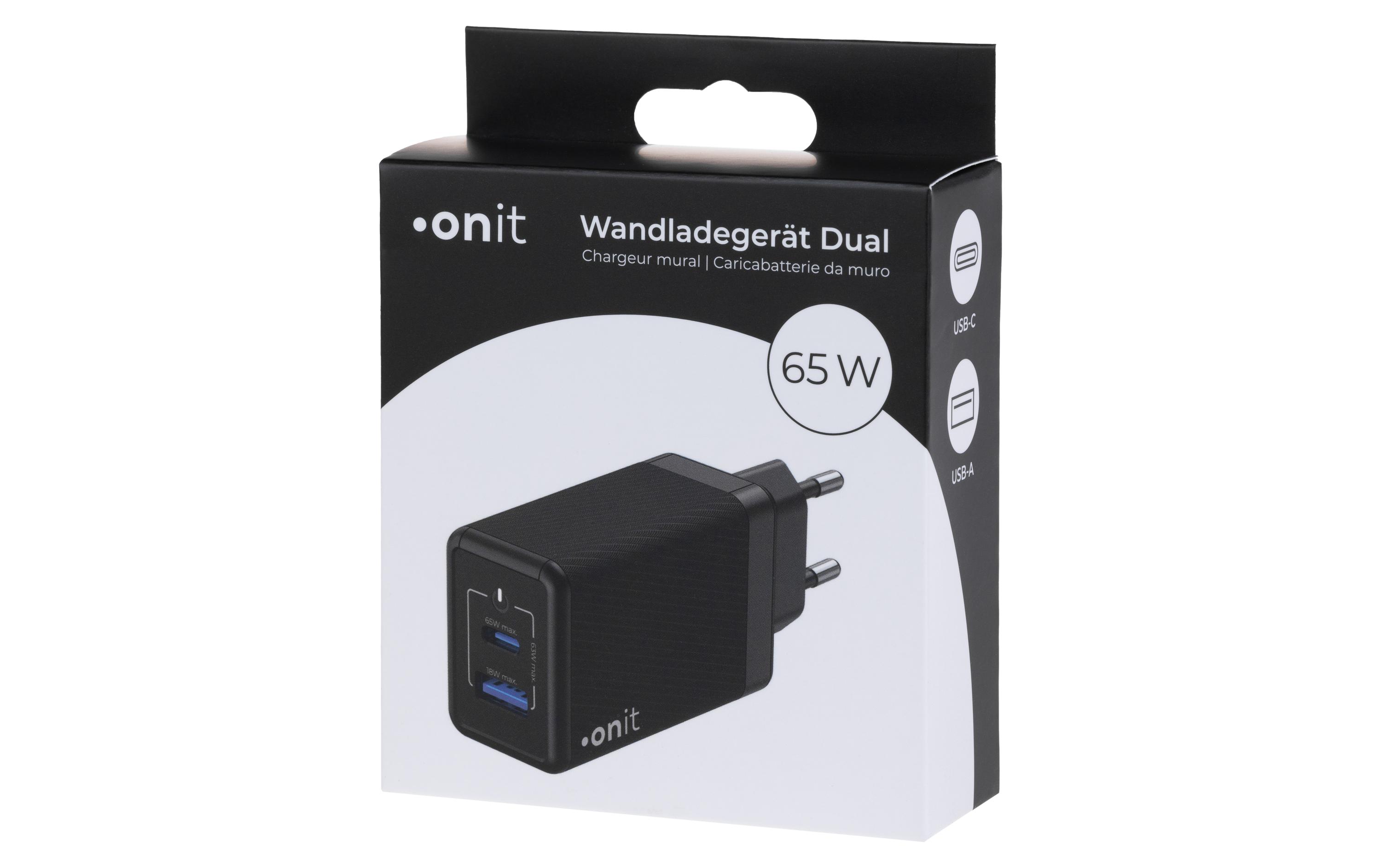 USB-Wandladegerät Dual QC4+ 65 W GaN SchwarzLadeadapter mit einem USB-C- und einem USB-A-Port