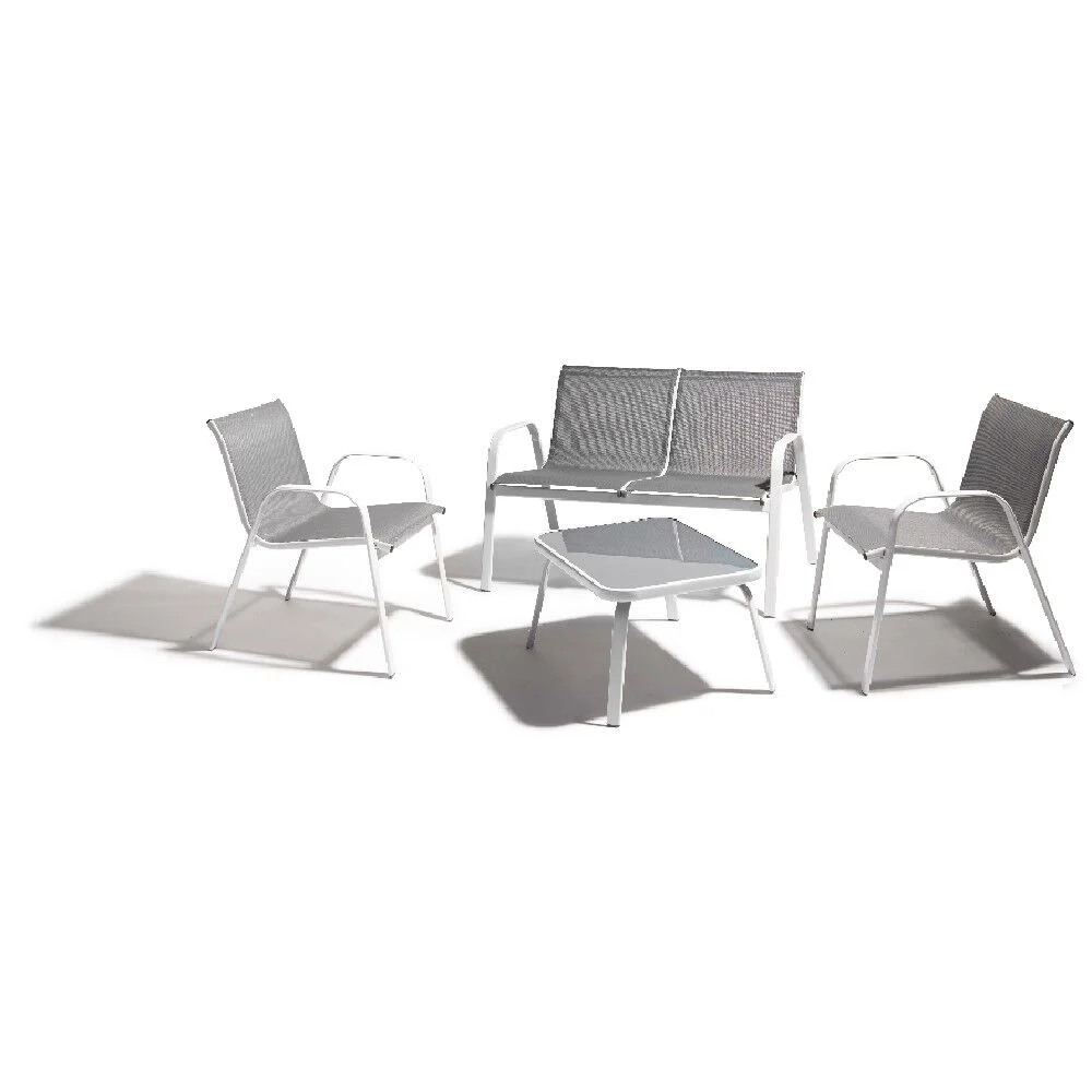 Salon de jardin 4 personnes métal gris et blanc