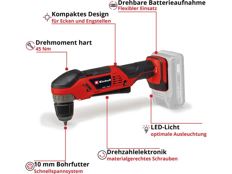 Einhell Bohrmaschine TE-AD 18 Li – Solo Akku-Winkelbohrmaschine mit 10 mm Schnellwechselfutter