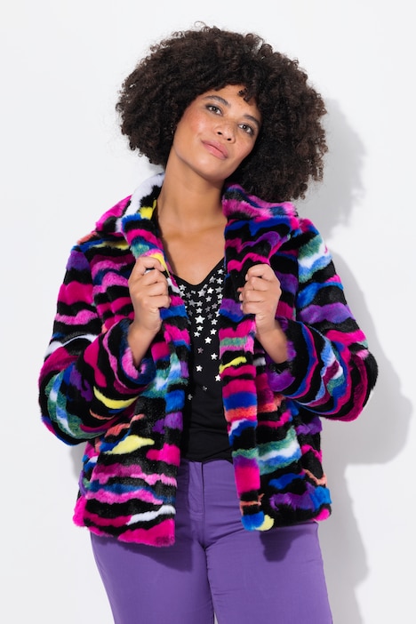 Plüschjacke, Straight Fit, offene Form, farbiges Muster