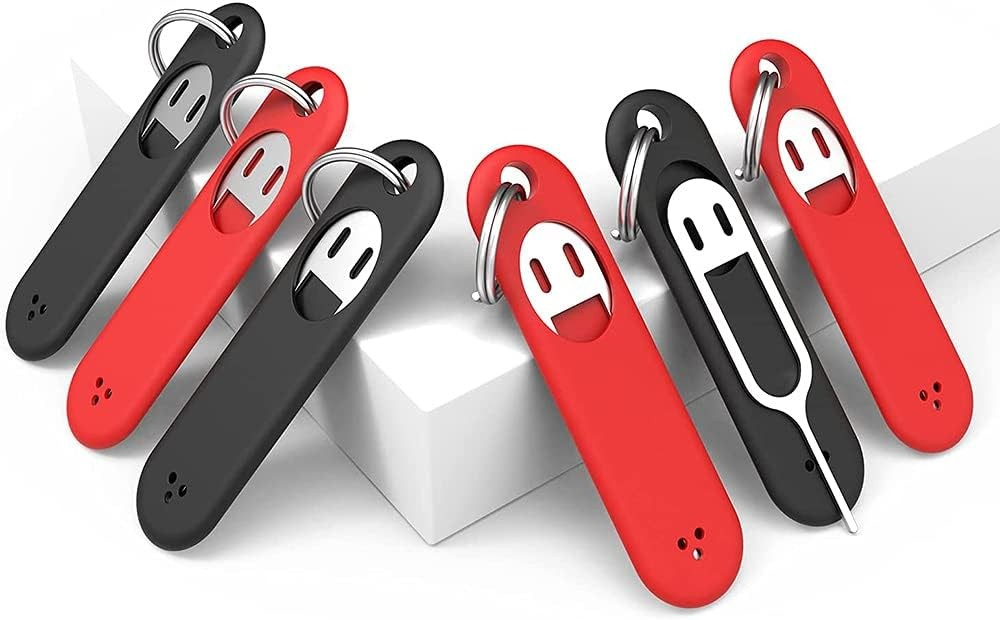 (6er Set) SIM-Karten-Auswurfwerkzeug Set mit Schlüsselanhänger / Auswerfer-Pins für SIM-Kartenfächer / Kompatibel mit Smartphones - Schwarz / Rot