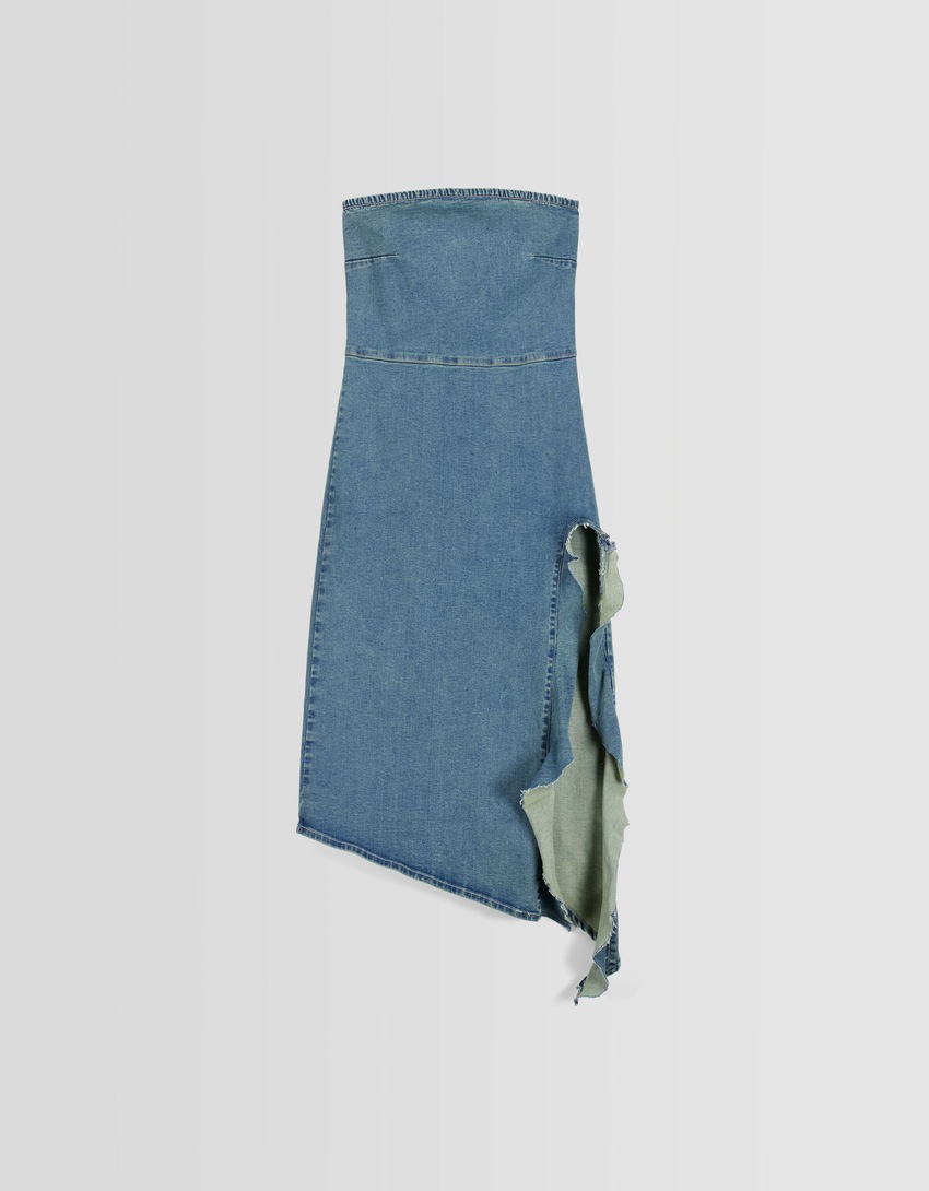 Vestido midi tomara que caia em jeans com babados
