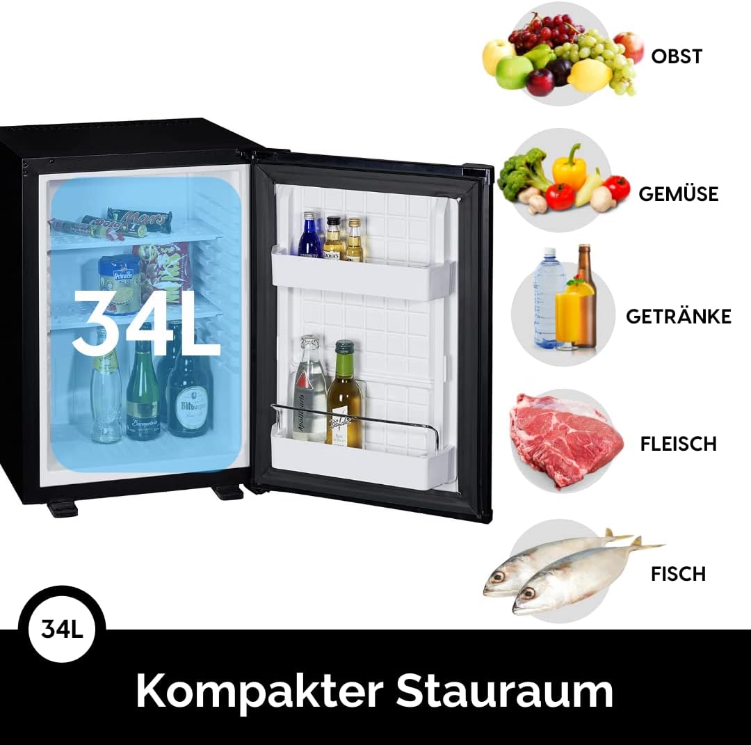 PKM Minibar-Kühlschrank MC40A+ HotelMate | Ideal für kleine Küche, Büro, Schlafzimmer, Hotels | Nutzinhalt 34L | Höhe 56cm | 96kWh | Sehr leise 22dB | schwarz