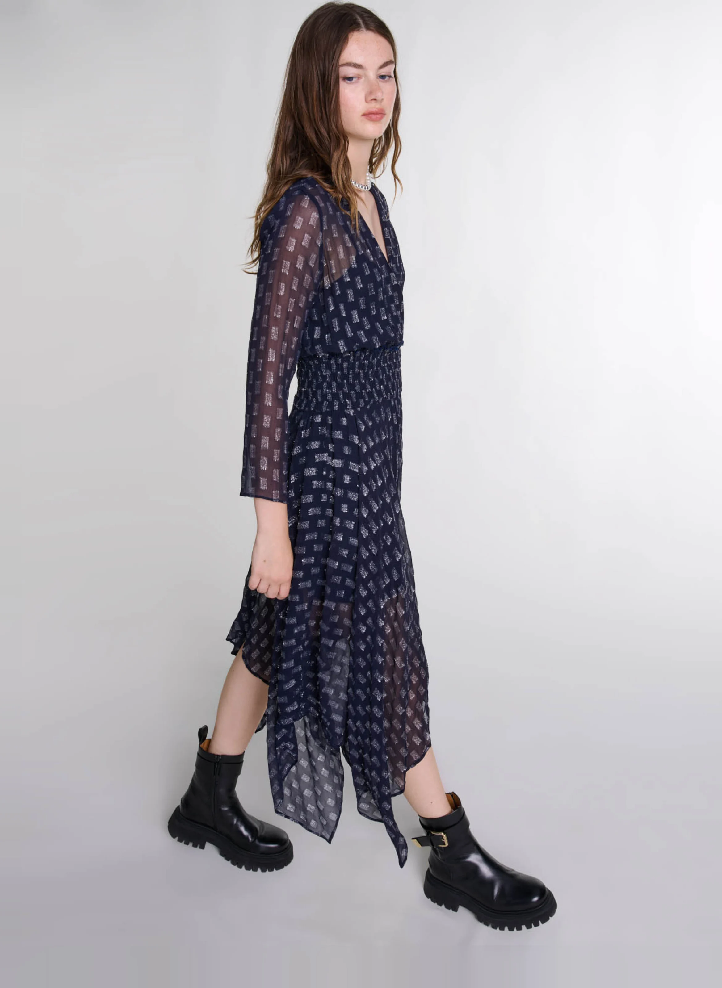 Robe longue cintrée col V | Bleu