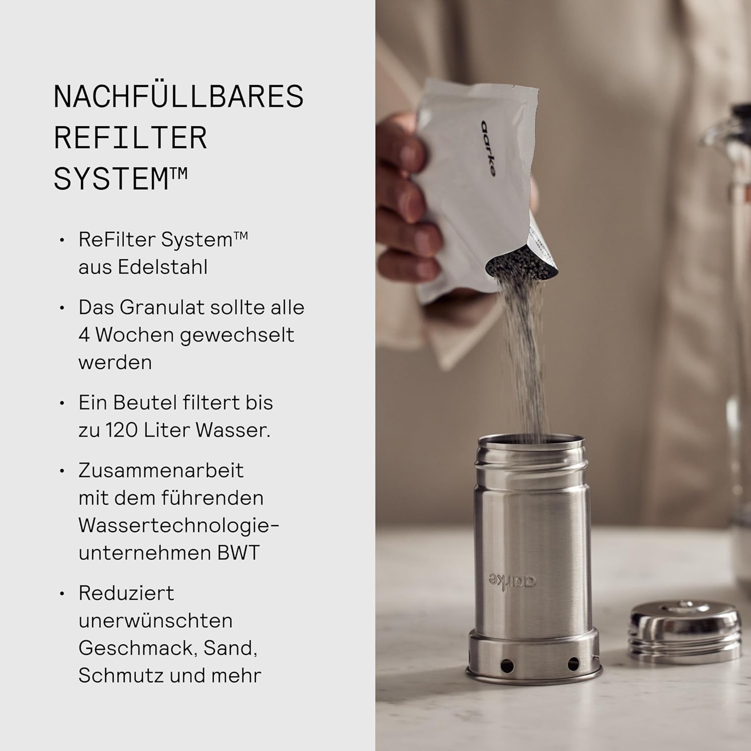 Aarke Purifier Wasserfilterkanne 1,2 L / 5 Tassen Glas & Edelstahl – inklusive Pure Filter-Nachfüllbeutel