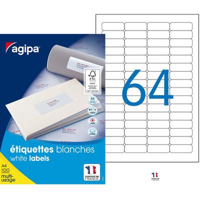 Apli Agipa - 6400 Étiquettes adhésives blanches multi-usages - 45,7 x 16,9 mm - coins arrondis - réf 102202