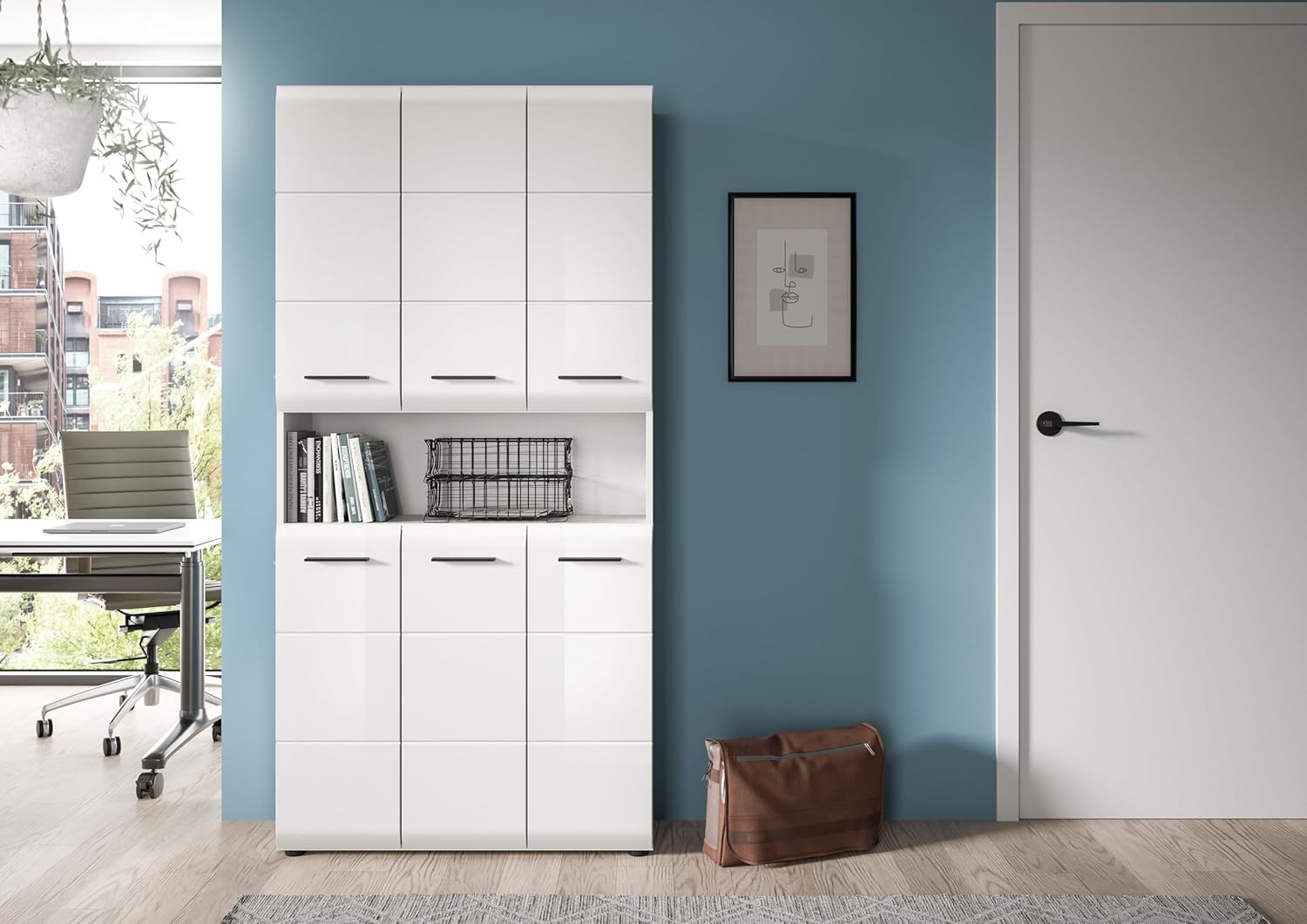xonox.home – Mehrzweckschrank Ice 90x185x30 cm in Korpus weiß Nachbildung und Front weiß Hochglanz – weißer Badschrank Hochschrank breit – modern & platzsparend