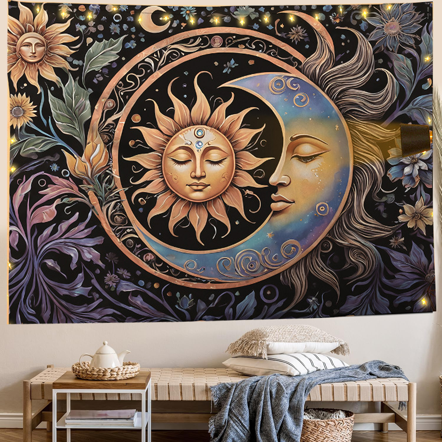 (150x130cm) Wandteppich Sonne Mond Florales Boho Mandala Tuch Home Deko für Wohnzimmer / Schlafzimmer - Bunt