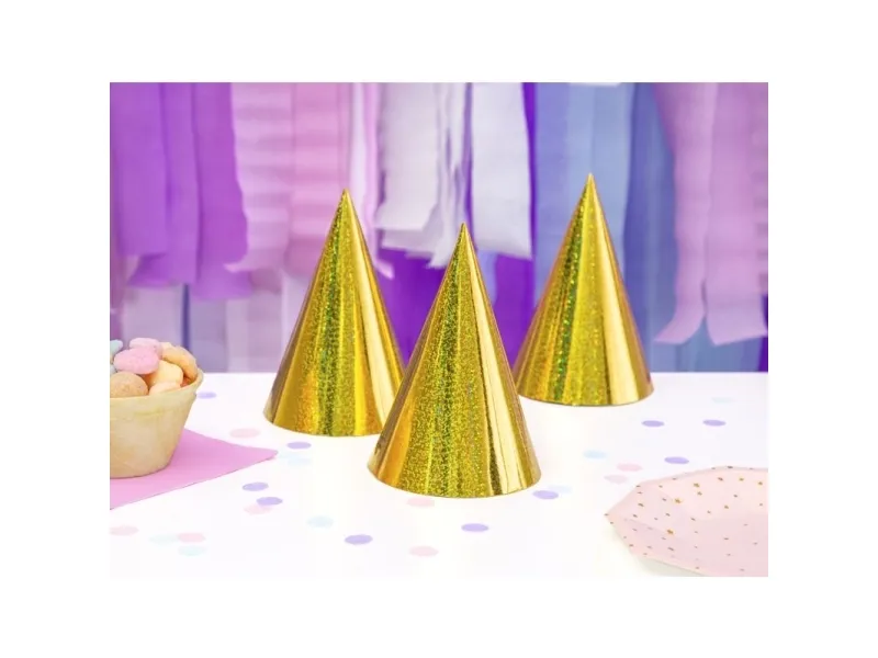 Partyhatte guld holografisk, 6 stk