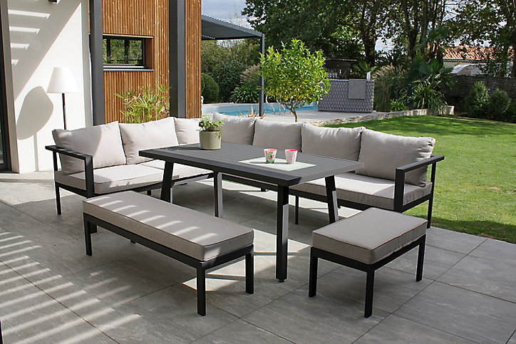 Ensemble détente et repas 9 personnes Antalya DCB Garden beige et gris anthracite