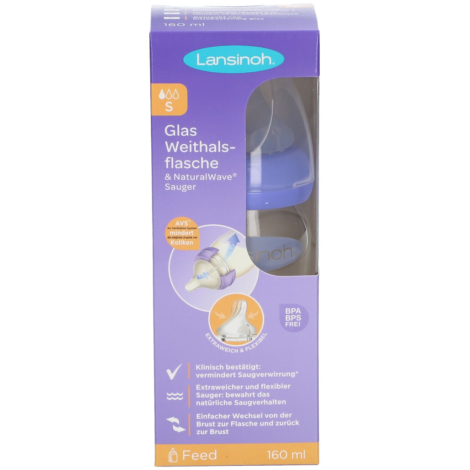 Lansinoh mOmma Glas Babyflasche 160ml mit Natural Wave Silikonsauger S