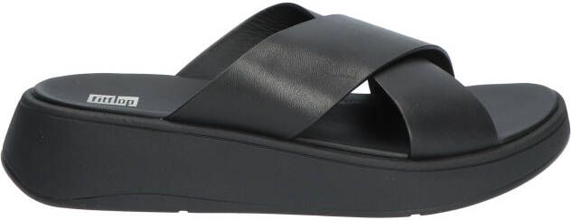 FitFlop F-Mode Leather Flatform Cross Slides ZWART