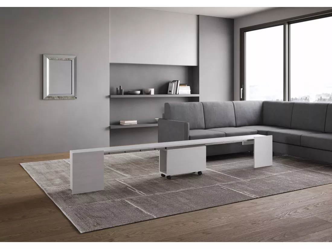 Console extensible 90x42/302 cm Evolve Frêne Blanc rallonges internes avec banc inférieur