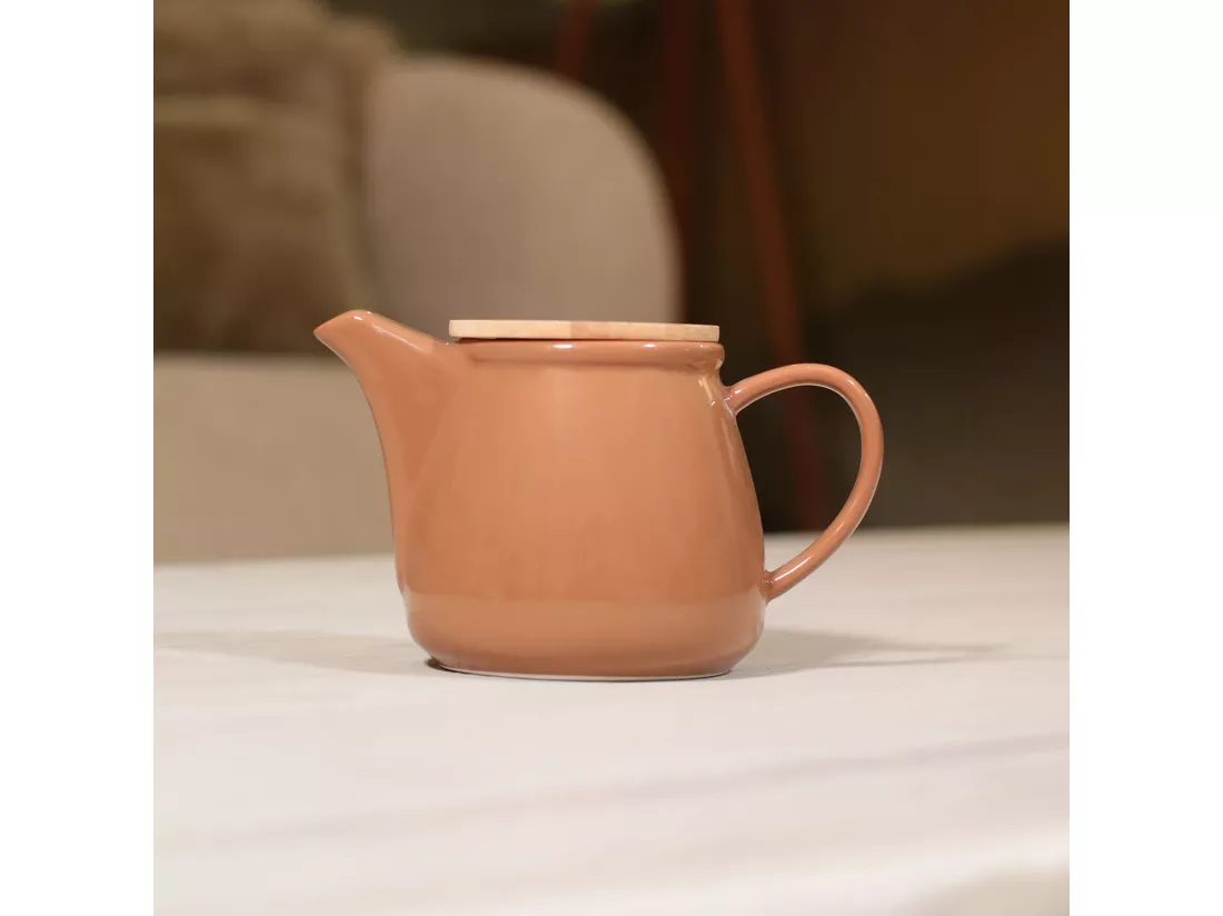 Novastyl - Theiere Anna 500ml En Gres Noisette Avec Couvercle En Hevea