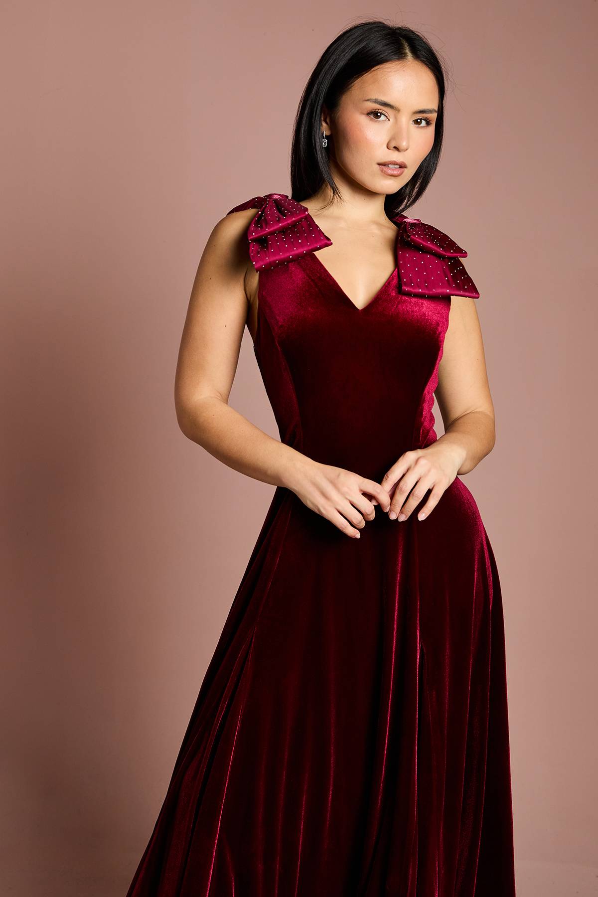 Coast Robe Mi-Longue en Velours avec Nœud Hotfix à l'Épaule Petite Taille