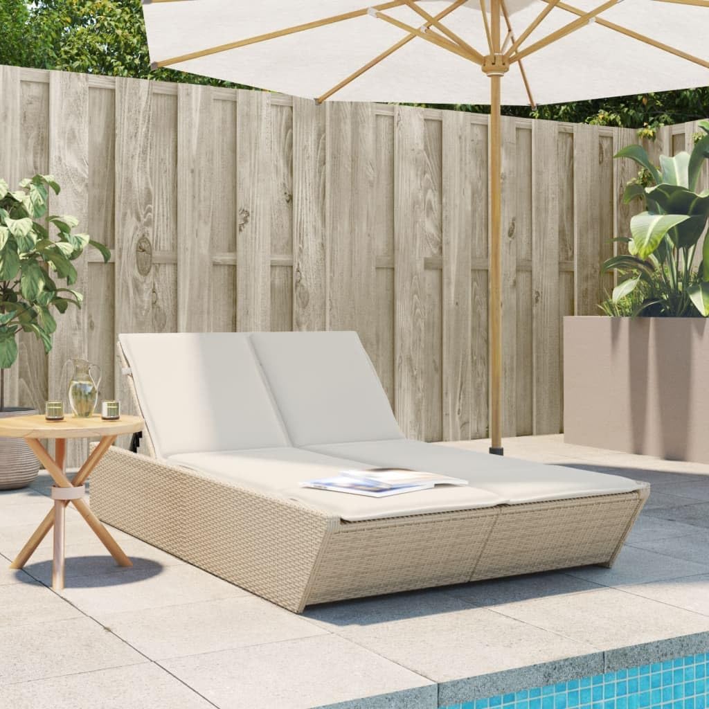 IKAYAA Doppelliege Outdoor 2 Personen Verstellbar Sonnenliege 2 Personen Rattan Sonnenliege Sonnenbett Loungebett Gartenbett mit Auflage Liege Outdoor Rattanliege Beige und Creme