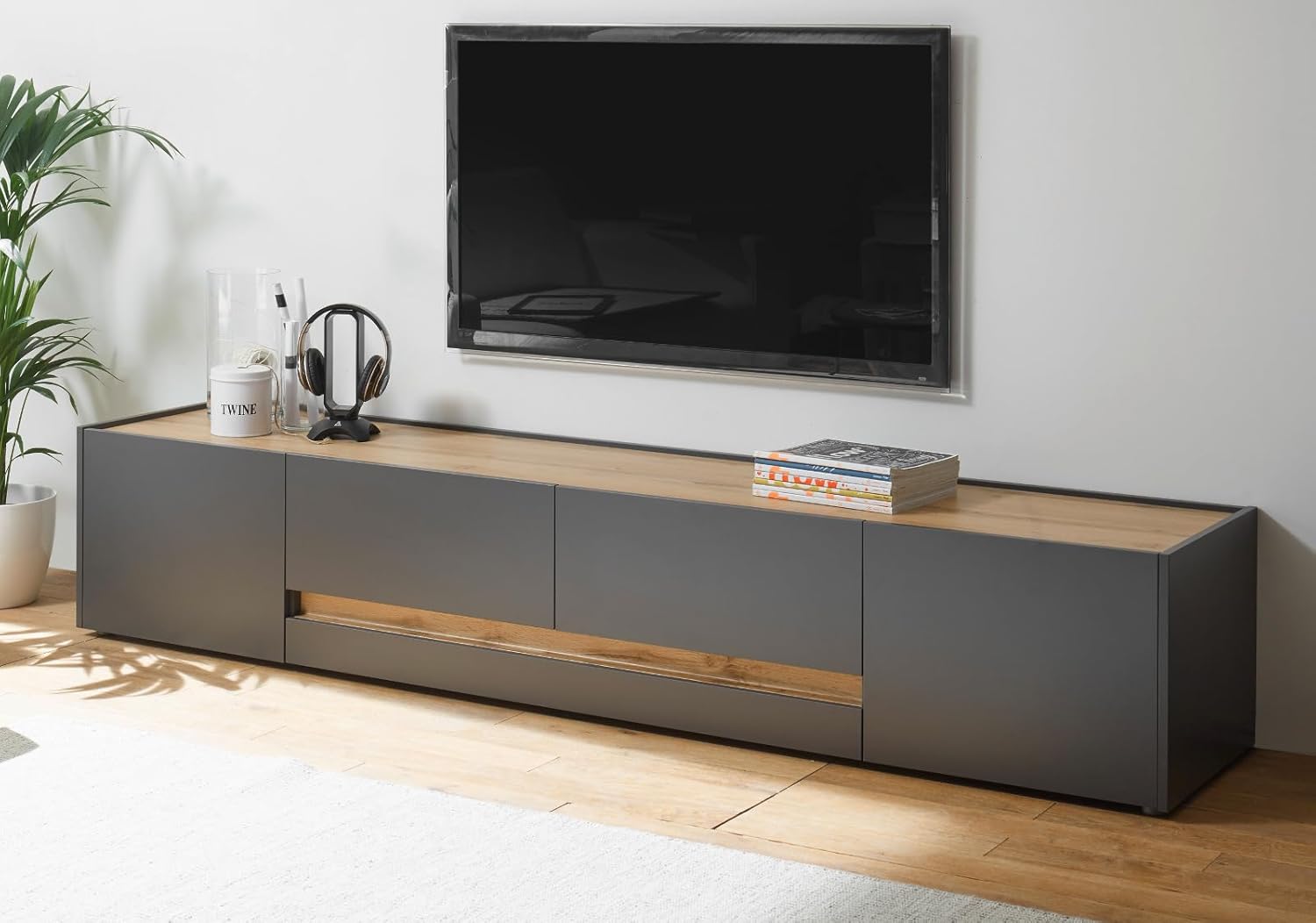TV Unterteil Lowboard in Eiche Wotan Holz und grau matt Wohnzimmer Fernseher Schrank Mediaschrank TV-Board 223 x 40 cm Center (TV-Lowboard 3)