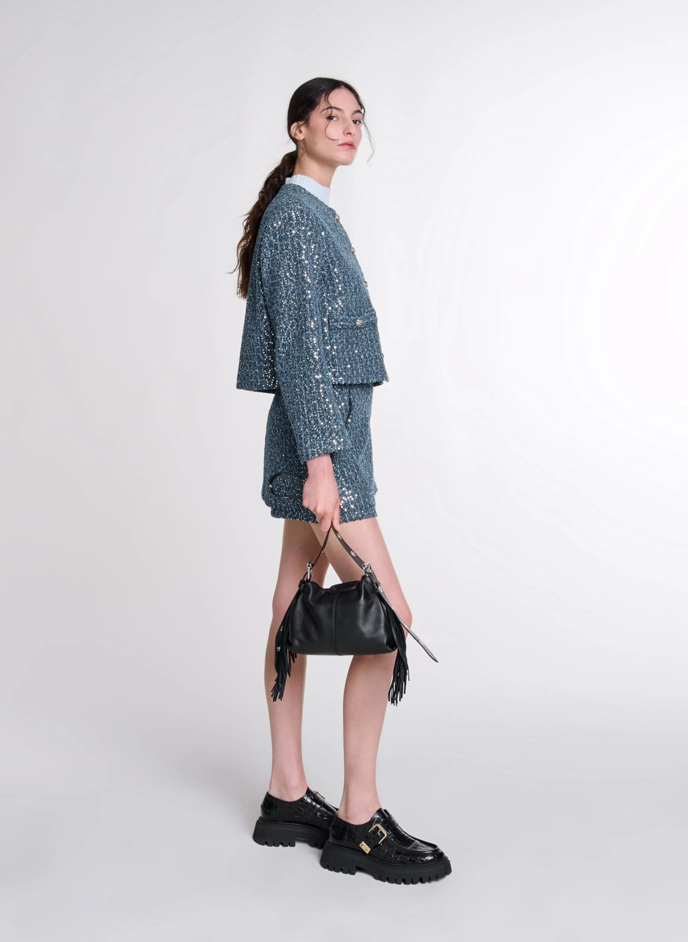 Veste courte effet tweed à sequins | Bleu