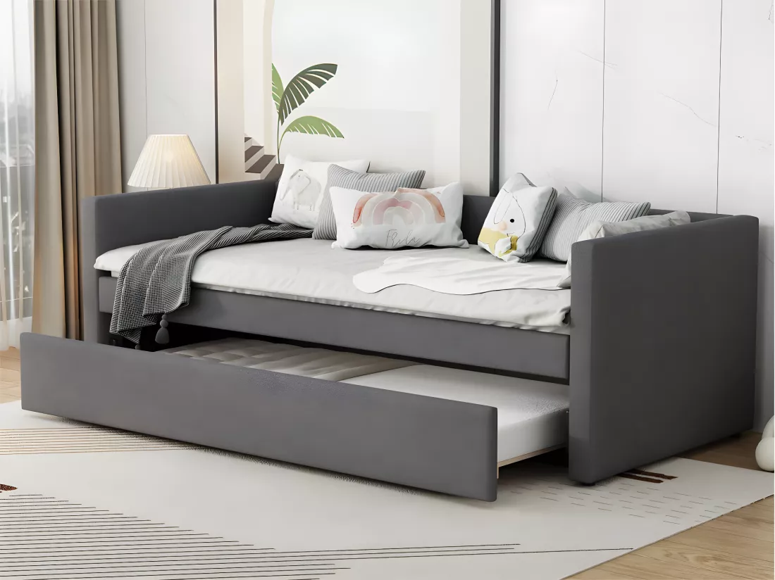 Lit gigogne multifonctionnel avec un lit pilant - 90x200 cm - tissu en lin - Gris